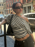 Women's Stripes Off Shoulder XS-M Crop Tops Fashion Designer T-Shirts