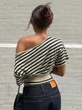Women's Stripes Off Shoulder XS-M Crop Tops Fashion Designer T-Shirts