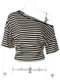 Women's Stripes Off Shoulder XS-M Crop Tops Fashion Designer T-Shirts