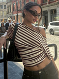 Women's Stripes Off Shoulder XS-M Crop Tops Fashion Designer T-Shirts