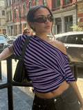 Women's Stripes Off Shoulder XS-M Crop Tops Fashion Designer T-Shirts