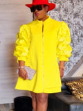 Women's Three Quater Puff Sleeve Fashion Designer Zipper Up Short Dresses (Plus Size)