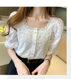 Women's Top Hollow Out Puffed Sleeve Blouse Fashion Designer T-Shirts