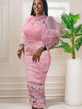Women's Transparent Lace Fashion Designer Lantern Sleeve Midi Dresses (Plus Size)