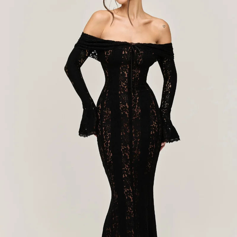 Women's Transparent Lace S-L Fashion Designer Dresses (Long) International Women's Clothing Women's Transparent Lace S-L Fashion Designer Dresses (Long) International Women's Clothing
