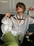 Women's Transparent Mesh Fashion Designer Ruffle Trim Long-Sleeve Tops