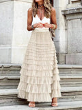 Women's Tulle Layered Fashion Designer Ruffles Skirts (Long)-Women's Fashion Designer Skirts-Beige-Women&#x27;s fashion designer plus size clothes