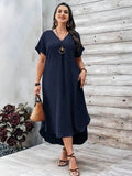 Women's V-neck 1-5XL Fashion Designer High Low Midi Dresses (Plus Size)