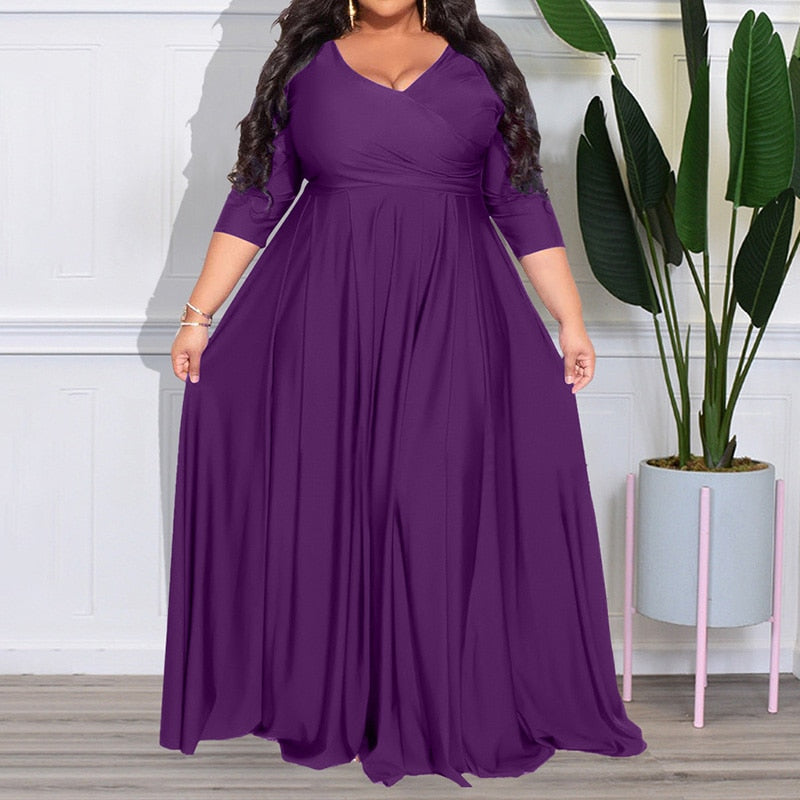 Women's V Neck A Line Fashion Designer Maxi Long Dresses (Plus Size) - Dark  Purple / L
