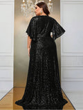 Women's V Neck A Line Sequin Fashion Designer Maxi Long Dresses (Plus Size)