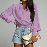 Women's V Neck Blouse Fashion Designer Button Lantern Long-Sleeve Tops-Women's Fashion Designer Long-Sleeve Tops