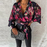 Women's V Neck Blouse Fashion Designer Button Lantern Long-Sleeve Tops-Women's Fashion Designer Long-Sleeve Tops
