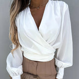 Women's V Neck Blouse Fashion Designer Button Lantern Long-Sleeve Tops-Women's Fashion Designer Long-Sleeve Tops