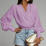 Women's V Neck Blouse Fashion Designer Button Lantern Long-Sleeve Tops-Women's Fashion Designer Long-Sleeve Tops