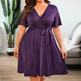 Women's V Neck Fashion Designer 2-5XL Short Dresses (Plus Size)-Women's Fashion Designer Plus Size Dresses-PURPLE-Women&#x27;s fashion designer plus size clothes