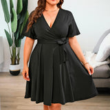 Women's V Neck Fashion Designer 2-5XL Short Dresses (Plus Size)-Women's Fashion Designer Plus Size Dresses-black-Women&#x27;s fashion designer plus size clothes