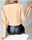 Women's V-Neck Fashion Designer Buttoned Sleeved Blouse Long-Sleeve Tops