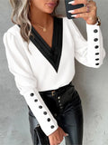 Women's V-Neck Fashion Designer Buttoned Sleeved Blouse Long-Sleeve Tops