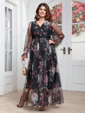 Women's V Neck Fashion Designer Floral Mesh Midi Dresses (Plus Size)