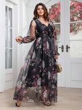 Women's V Neck Fashion Designer Floral Mesh Midi Dresses (Plus Size)