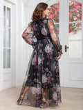 Women's V Neck Fashion Designer Floral Mesh Midi Dresses (Plus Size)