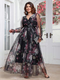 Women's V Neck Fashion Designer Floral Mesh Midi Dresses (Plus Size)