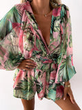 Women's V-neck Puff Sleeves Floral Chiffon Fashion Designer Rompers