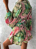 Women's V-neck Puff Sleeves Floral Chiffon Fashion Designer Rompers