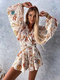 Women's V-neck Puff Sleeves Floral Chiffon Fashion Designer Rompers