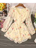 Women's V-neck Puff Sleeves Floral Chiffon Fashion Designer Rompers