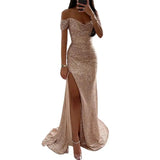 Women's V-Neck Sequin Bodycon Fashion Designer High Split Dresses (Long)