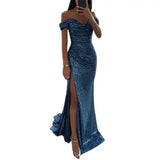 Women's V-Neck Sequin Bodycon Fashion Designer High Split Dresses (Long)