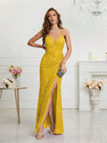 Women's V neck Sequin Spaghetti Strap Fashion Design High Split Dresses (Long)