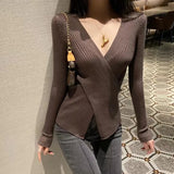 Women's V Neck Tops Fashion Designer Knitted Criss Cross Cardigans-Women's Fashion Designer Jerseys Tops-coffee-Women&#x27;s fashion designer plus size clothes