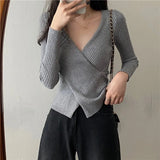 Women's V Neck Tops Fashion Designer Knitted Criss Cross Cardigans-Women's Fashion Designer Jerseys Tops-gray-Women&#x27;s fashion designer plus size clothes
