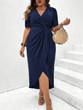 Women's V-neck Wrap 1-5XL Fashion Designer Midi Dresses (Plus Size)