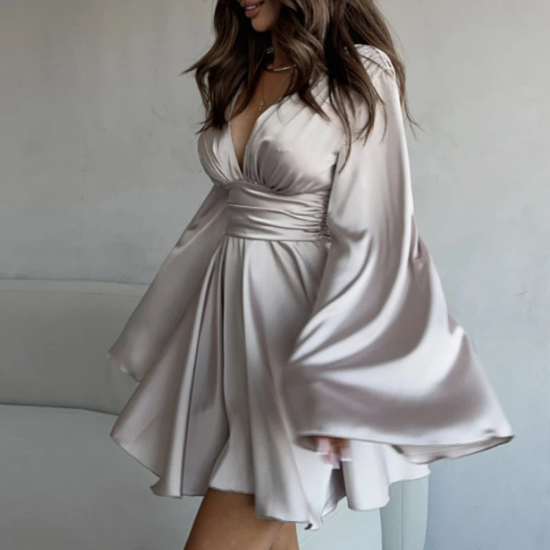 Women's Vintage Ruffle Satin Fashion Designer S-L Mini Dresses (Short) International Women's Clothing Women's Vintage Ruffle Satin Fashion Designer S-L Mini Dresses (Short) International Women's Clothing