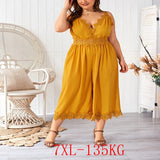 Women's Yellow Lace Rompers Fashion Designer Jumpsuit (Plus Size)