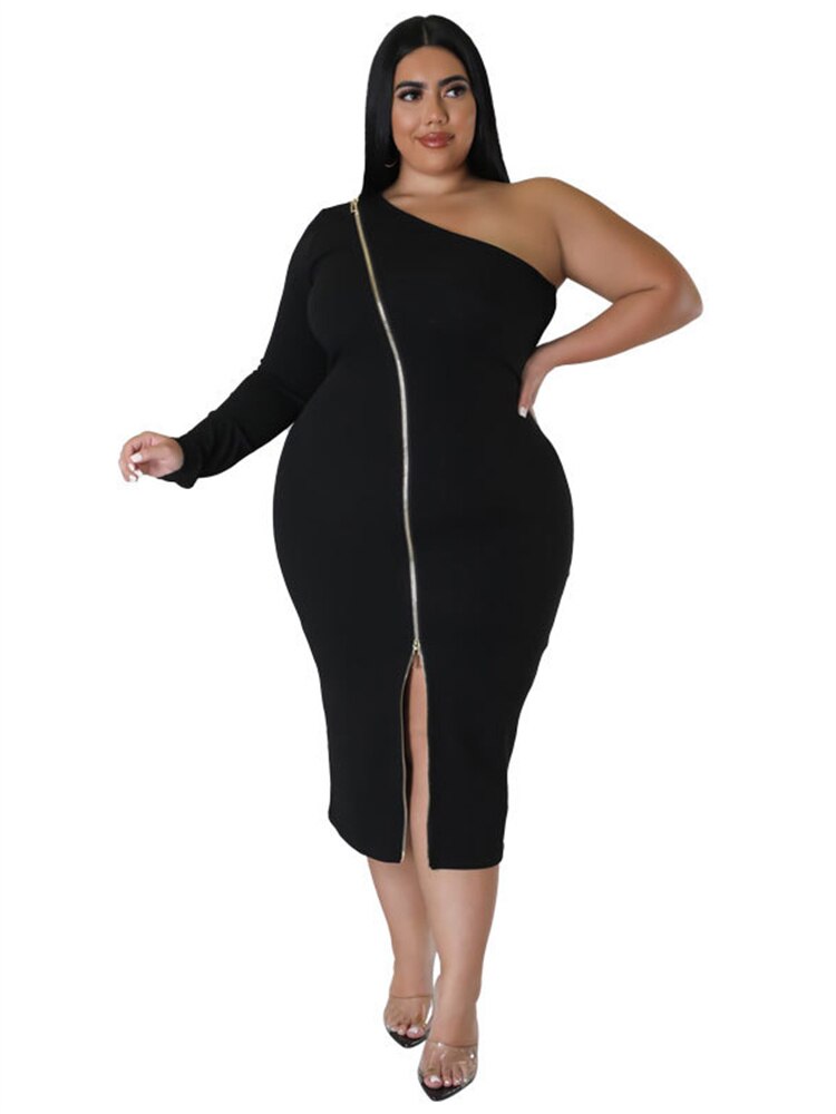 Women's Zipper Fashion Designer One Sleeved Midi Dresses (Plus Size)
