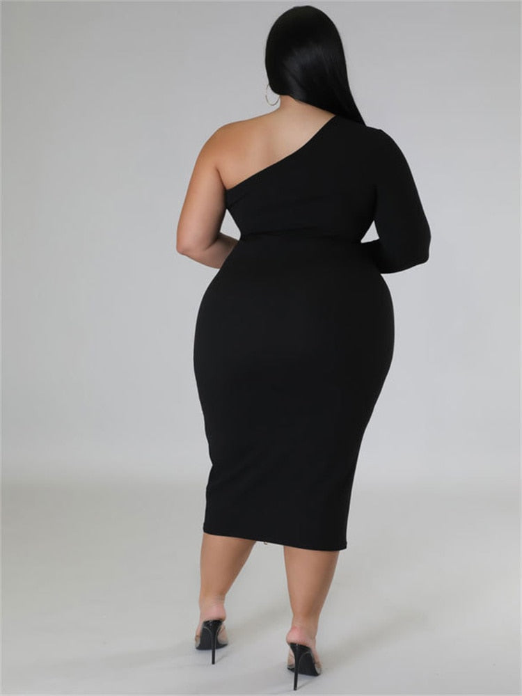 Women's Zipper Fashion Designer One Sleeved Midi Dresses (Plus Size)