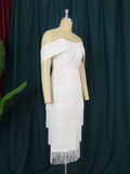 Women's Backless Fashion Designer Tassel White Midi Dresses (Plus Size)