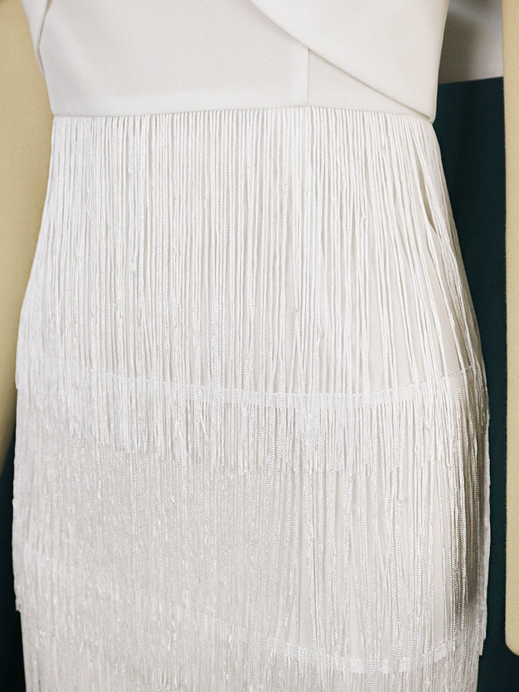 Women's Backless Fashion Designer Tassel White Midi Dresses (Plus Size)