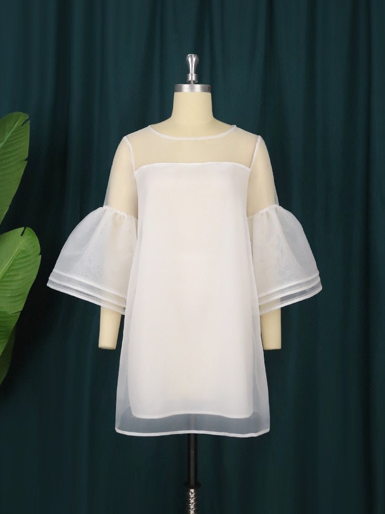 Women's Bell Sleeve Fashion Designer Tulle Short Dresses (Plus Size)