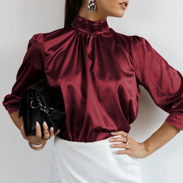 Women's Blouse Solid High Collar Silk Fashion Designer Long-Sleeve Tops (Plus Size)-Women's Fashion Designer Plus Size Long-Sleeve Tops-Women's fashion designer clothes-XXL-(Style A)Wine Red-International Women&#39;s Clothing - Women&#39;s Fashion Designer Plus Size Clothes