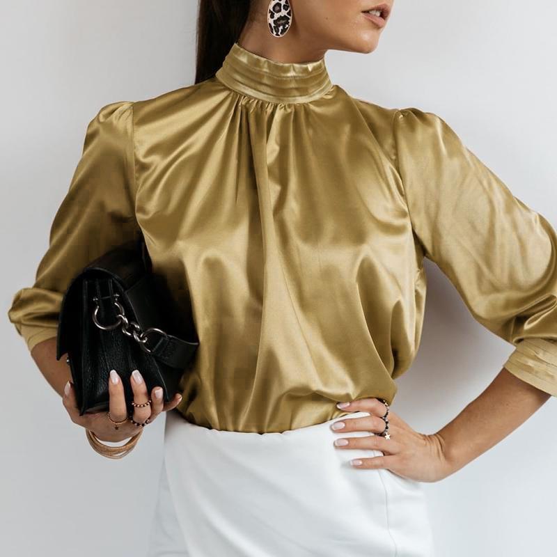 Women's Blouse Solid High Collar Silk Fashion Designer Long-Sleeve