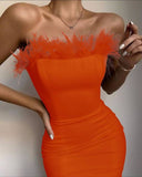 Women's Bodycon Bandage Fashion Designer Feathered Trim Dresses (Short)-Women's Fashion Designer Dresses-Women's fashion designer clothes-Orange-L-International Women&#39;s Clothing - Women&#39;s Fashion Designer Plus Size Clothes