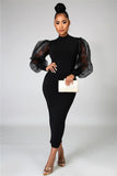 Women's Fashion Designer Mesh Puff Sleeve Bodycon Dresses (Midi)