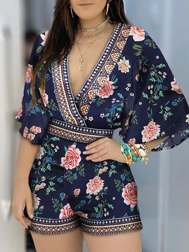 Brown Bubble Sleeve Floral Romper - Sunny Angela