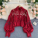 Women's Lace Hollow Out Designer Fashion V-neck Ruffle Long-Sleeve Tops-Women's Fashion Designer Long-Sleeve Tops-Women's fashion designer clothes-Red-One Size-International Women&#39;s Clothing - Women&#39;s Fashion Designer Plus Size Clothes