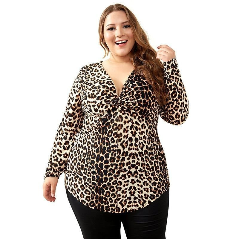  Women Plus Size Tops Tunics Fall Long Sleeve Dressy V Neck  Wrap Tunic Shirts P169 Leopard Print White 2X